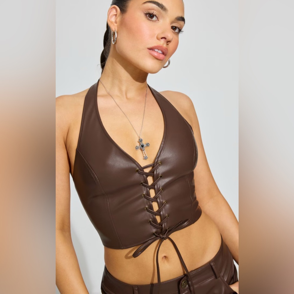 Garage Brown Faux Leather Lace-Up Halter Crop Top